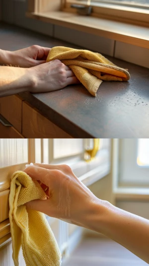 hands cleaning a single kitchen cabinet door with microfiber clo...