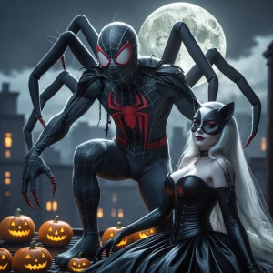 Depict Spider-Man transformed into a monstrous Man-Spider on a g...