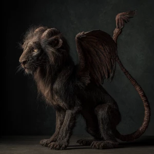 In the dimly lit room, a vintage-chic manticore emerges from the...
