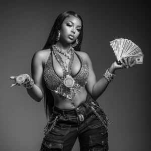 Make a bold professional style album cover art for female rapper...