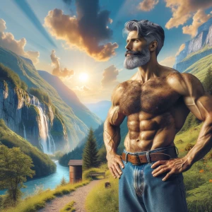 Make a man with gray-black hair and beard bodybuilder big arms a...