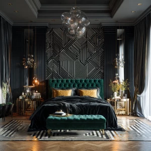 Ultra-realistic photograph of an Art Deco glamorous bedroom, ful...