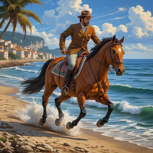 Cavallo che corre sulla riva del mare stile fumetto realistico
