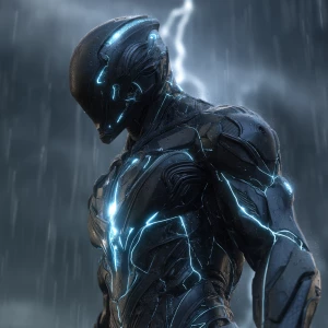 A futuristic armored superhero in a full-body black suit with gl...