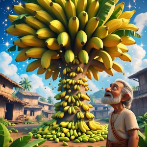 3D cartoon banana tree filled with thousands of bananas growing...