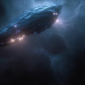 In the dimly lit expanse of the cosmos, a mysterious cosmic cara...