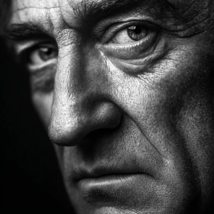 Ultra realistic big close-up portrait of Robert De Niro, black a...