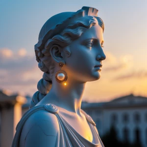 Girl with a pearl earring in modern lighting Greek statue bathed...