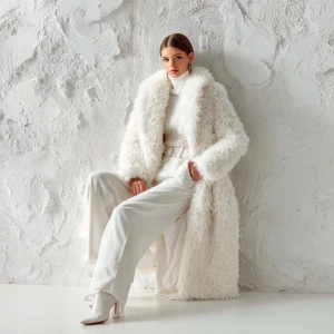 Create a Fluffy white straight hair long texture fur coat with o...