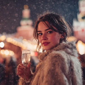 A woman standing on Moscow Red square, holding a sparkling glass...
