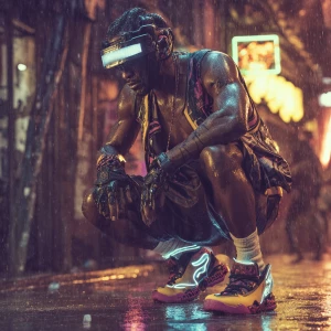 A cyberpunk street warrior, a fit Nigerian man in his late twent...