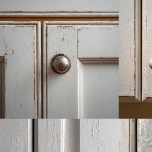 one kitchen cabinet door with slightly worn paint near the handl...