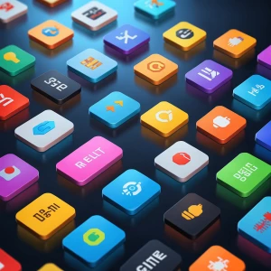 Ultra-realistic 3D render of multiple stacked technology badges...