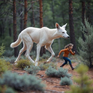 Um Cervo bípede albino perseguindo uma garotinha em uma floresta...