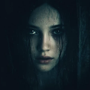 Generate an image of a girl with dark fluid leaking from her eye...