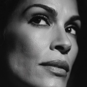 Ultra realistic big close-up portrait of Teri Hatcher, black and...