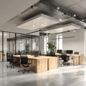 Generate an ultra-photorealistic 3D rendering of a modern office...