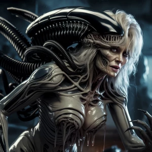 Dolly Parton transforming into a Xenomorph hybrid, H.R. Giger bi...