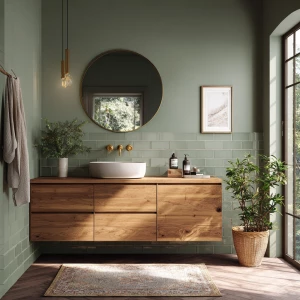 Create an image of a small bathroom featuring sage green walls,...