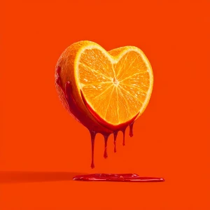 Generate me an image of a orange that shaped like a heart and it...