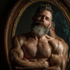 Create an image of a muscular and hairy handyman admiring himsel...