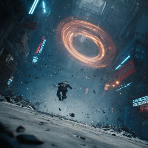 “A cyberpunk warrior launches from a shattered rooftop, leaving...