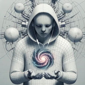 Cosmic entity with no face and a hoodie on earphones, holding sw...