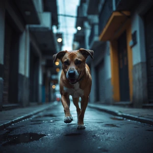 Crea un vide de un perro q va caminando por una calle oscura