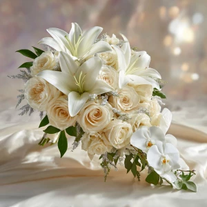 A luxurious sympathy bouquet composed of pristine white lilies,...