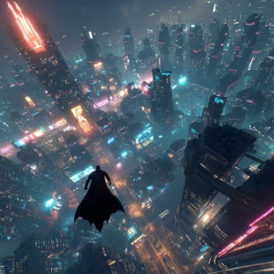 A lone hero mid-flight over a sprawling futuristic city at night...