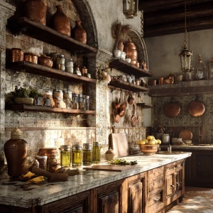 Create a realistic image of a traditional Italian kitchen featur...