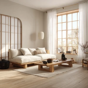 Create an interior design scene inspired by the Japandi aestheti...