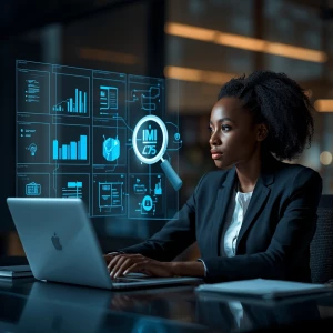 An African professional lady sitting at a desk collaborating wit...