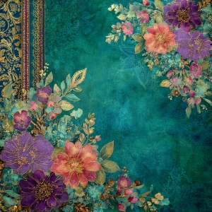 Vibrant boho paisley floral mixed-media scrapbook paper, deep em...