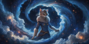 In the heart of a swirling plush nebula, a fantastical navigator...