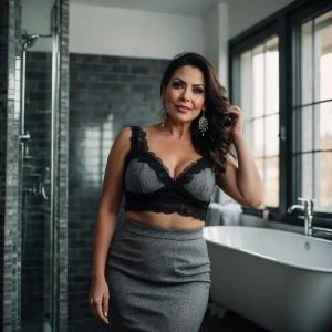 Attractive buxom charming 35 year old woman wearing a gray tweed...