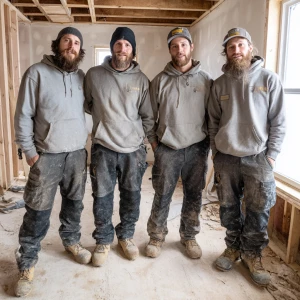 Four construction workers, all light-skinned men with short, cro...