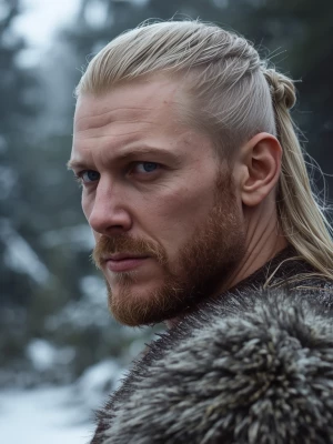 Realistic, detailed photography of a man in his 30s. Pale blond...