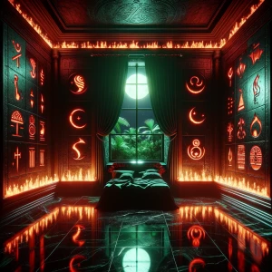 Create a detailed image of the Obsidian Flame Room - a space whe...
