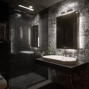 Generate a realistic image of a full small bathroom interior fea...
