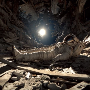 The abandoned body of an astronaut, his spacesuit torn and his m...