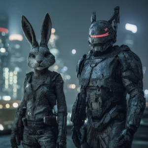 "A wide cinematic shot from a live-action 1990s sci-fi movie. Tw...