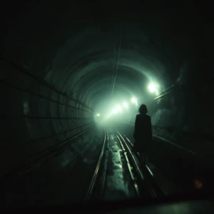 Inside a dark, dimly lit train tunnel, the perspective is from a...