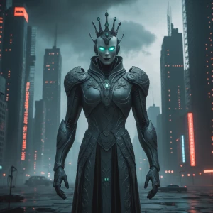 In a baroque stygian digital dystopia, a sinister android monarc...