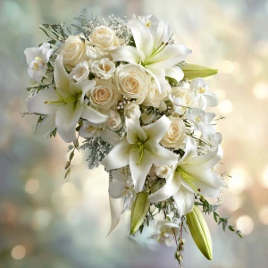 A luxurious sympathy bouquet composed of pristine white lilies,...