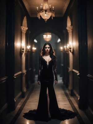 A full-body cinematic shot of a stunning brunette vampire walkin...