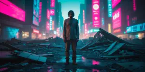 In the eerie glow of a neon-lit cityscape, a lone figure stands...