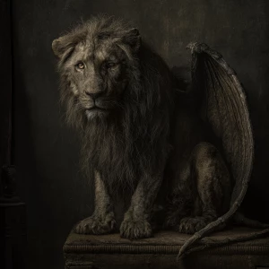 In the dimly lit room, a vintage-chic manticore emerges from the...