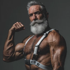 The image depicts a muscular, gray bearded man posing in a mascu...