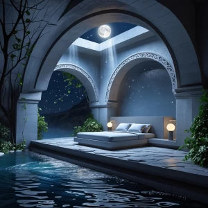 Create an image of a guest bedroom named "Moonwater Retreat" tha...
